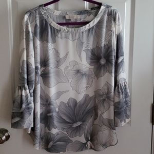 LOFT Floral Tiered Ruffle Sleeve Blouse Size L
